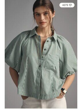 Anthropologie Maeve Zooey Bubble Sleeve Stripe Blouse Green White Small